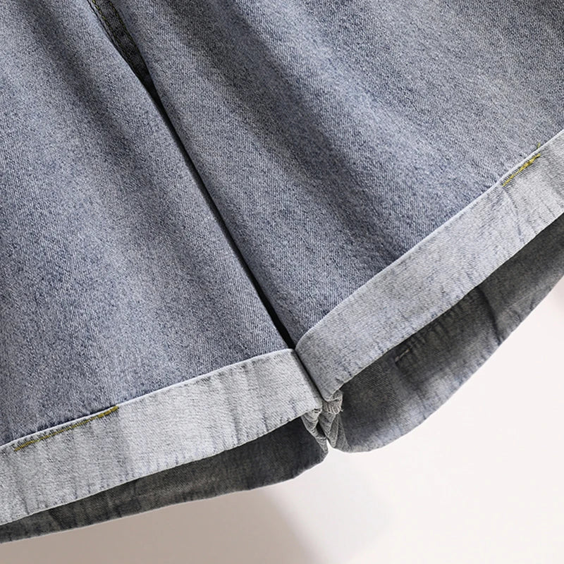 Plus Size Shorts For Women 2024 Summer New Arrivals High Elastic Waist Crimping Wide Leg Loose Streetwear Blue Jeans Shorts