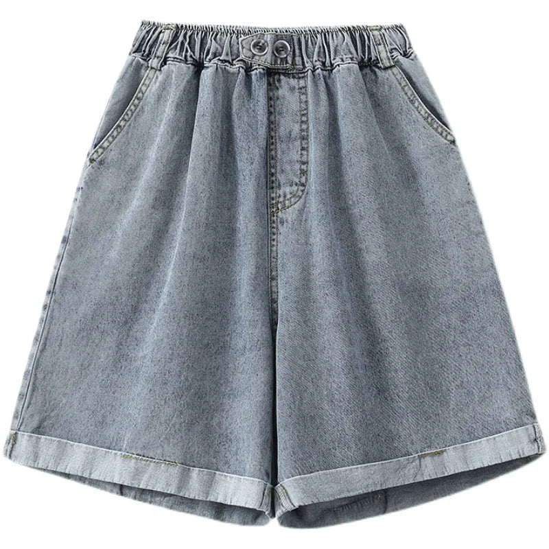 Plus Size Shorts For Women 2024 Summer New Arrivals High Elastic Waist Crimping Wide Leg Loose Streetwear Blue Jeans Shorts