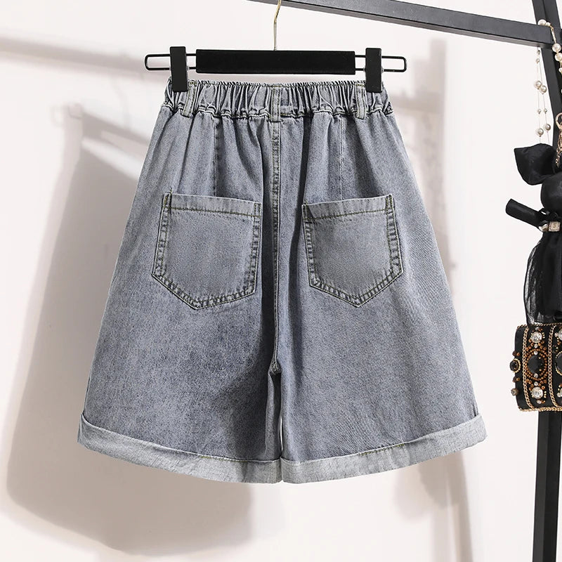Plus Size Shorts For Women 2024 Summer New Arrivals High Elastic Waist Crimping Wide Leg Loose Streetwear Blue Jeans Shorts