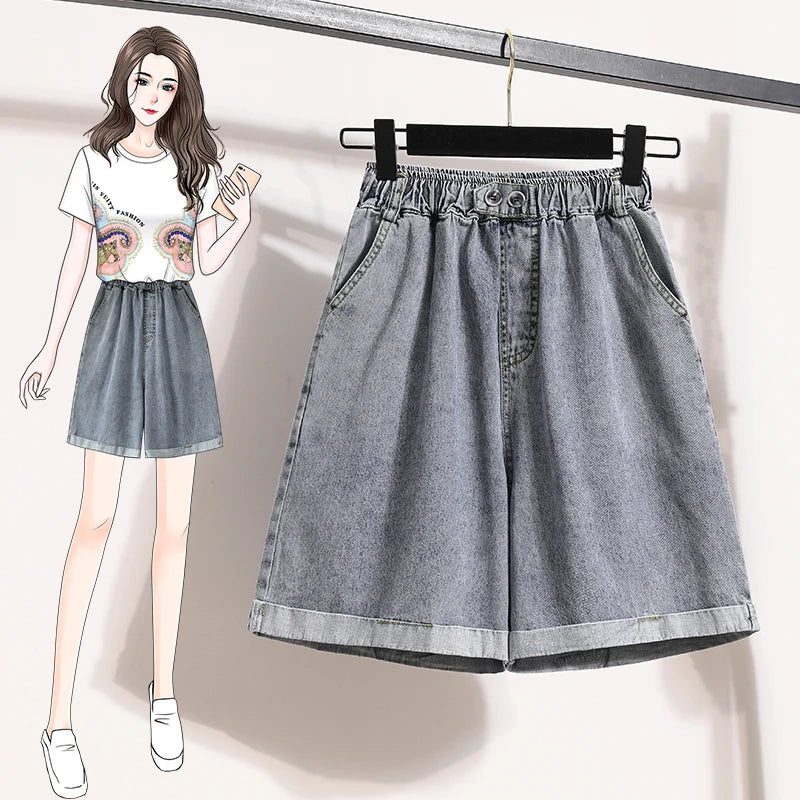 Plus Size Shorts For Women 2024 Summer New Arrivals High Elastic Waist Crimping Wide Leg Loose Streetwear Blue Jeans Shorts