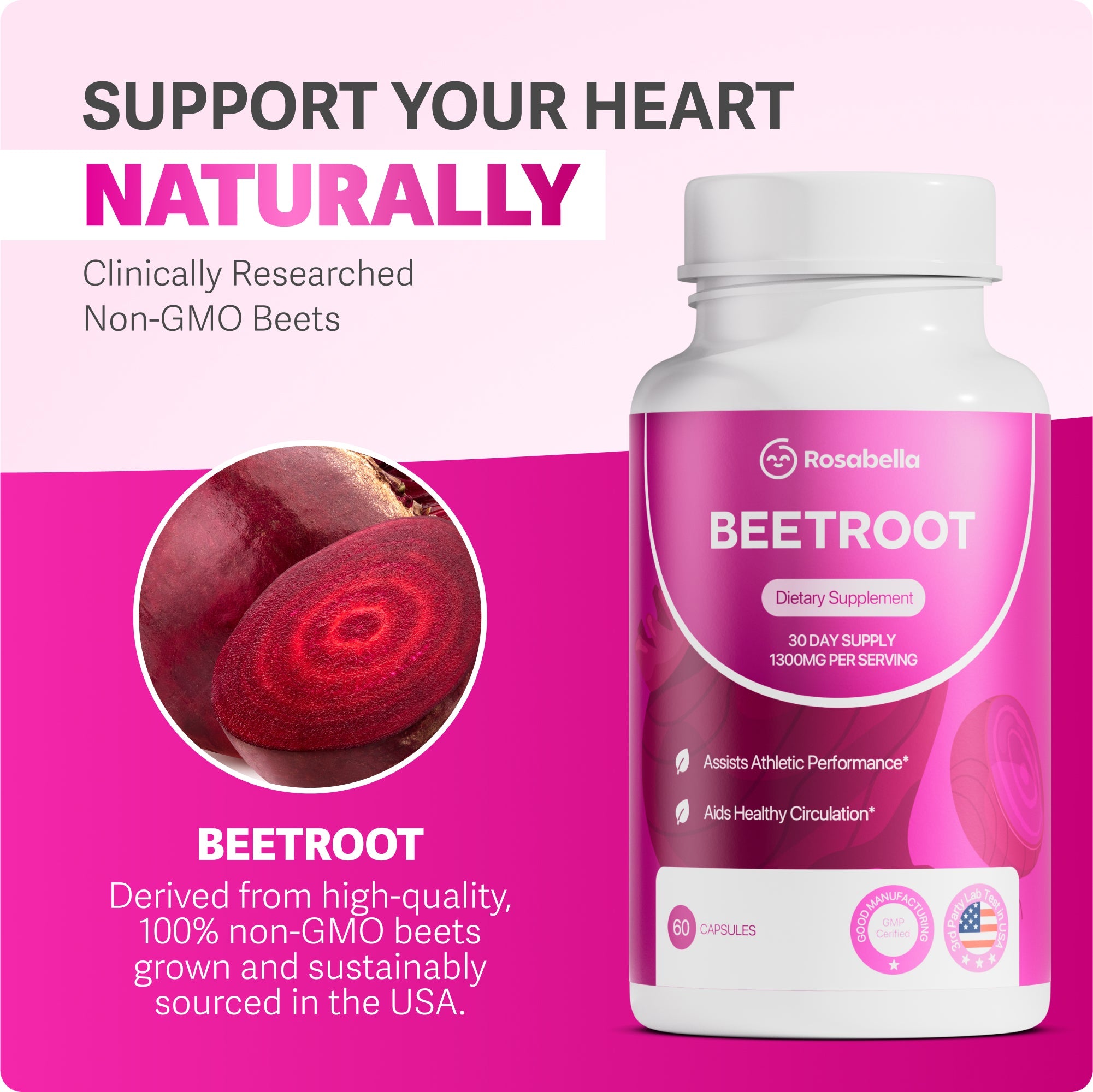 Rosabella Organic Beetroot Capsules (1300mg) for Blood Flow & Heart Health Bogo Sub