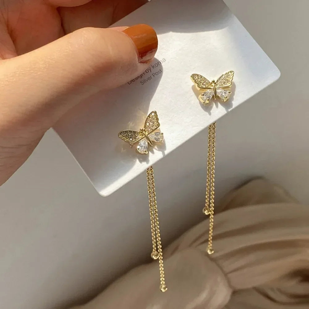 FSUNION 2025 New Exquisite Butterfly Long Tassel Earrings Two Ways To Wear Rhinestone Drop Earings for Women Jewelry Girls Gifts