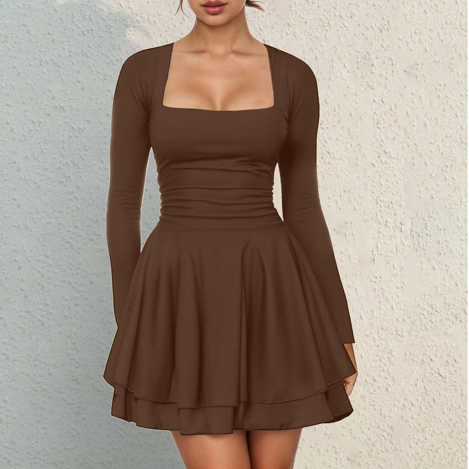 Easter Dresses For Women Summer Square Neck Ruffle Hem Mini Dress Pleated Waist Long Sleeves Dress Hip-Hugging Mid-Length Skirt