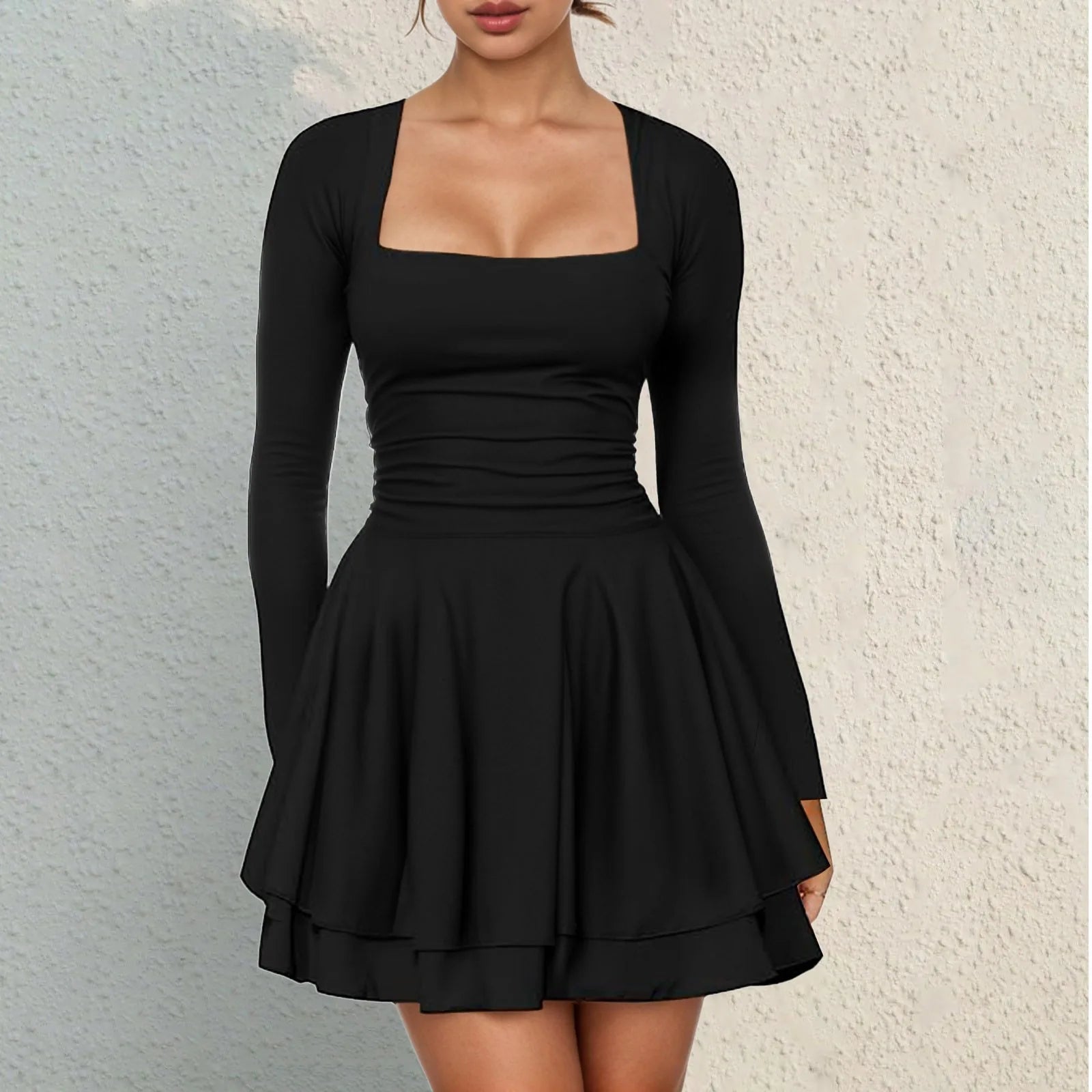Easter Dresses For Women Summer Square Neck Ruffle Hem Mini Dress Pleated Waist Long Sleeves Dress Hip-Hugging Mid-Length Skirt